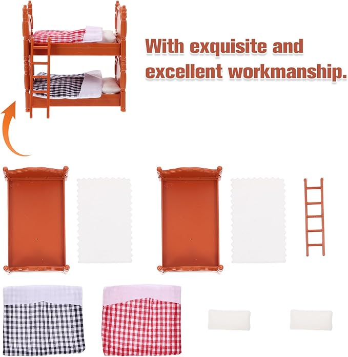 2Pcs Dollhouse Bunk Bed, 4in Mini Bunkbed Furniture, Dollhouse Bed with Ladder, PVC Miniature Doll House Decorative Accessories for Mini Landscape DIY Kit