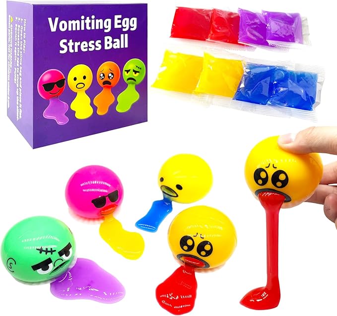 4 Pack Puking Egg Stress Ball Toys – Funny Slime Vomiting Squeeze Toy, Gross Fidget Prank Ball, Novelty Gag Gift for Kids & Adults, Easter Basket Stuffers