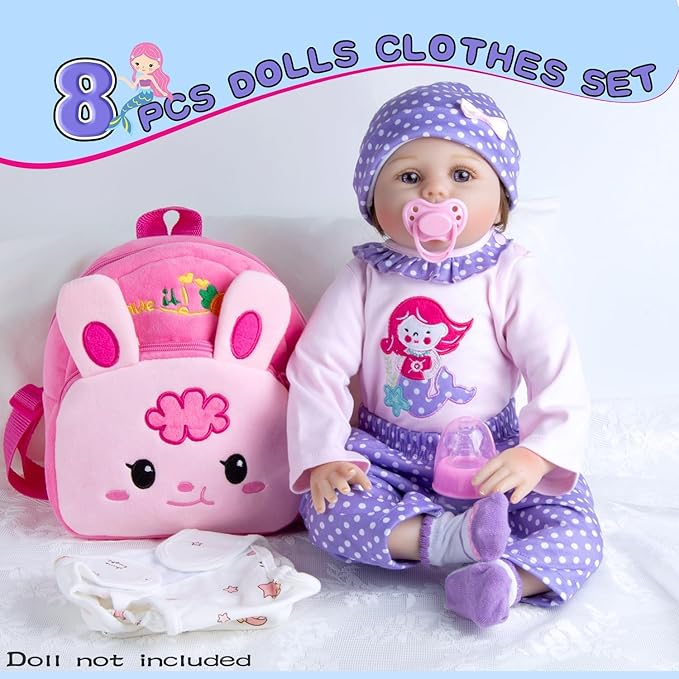 8 Pcs Reborn Baby Doll Clothes Girl Pink Accessories Set for 17-22 Inch Reborn Doll Clothes with Diaper Bag Kids Purple Gift Set