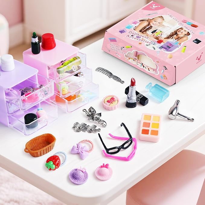76pcs Miniature Dollhouse Accessories,Dollhouse Bathroom Set with Makeup Set Towel Toothbrush Shampoo Toiletries Set,Miniature Stuff Jewelry Storage Case Perfume Shoes Backpack for Girl Micro Scene