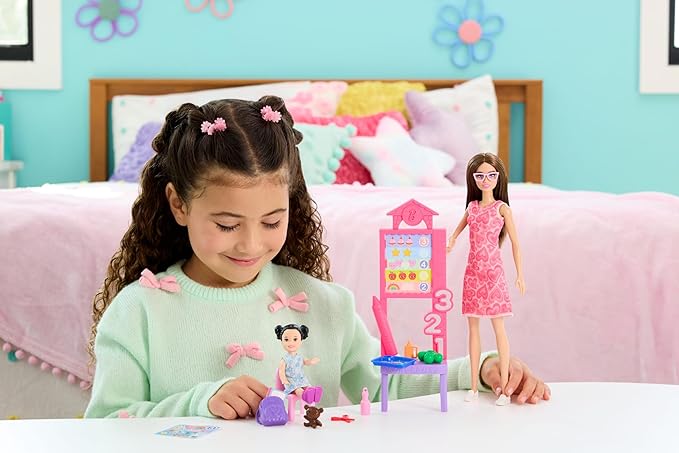 Barbie Careers Teacher Playset with Fashion Doll Wearing Removable Dress, Toddler Small Doll, Classroom Board & Accessories