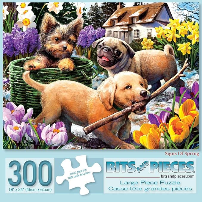 Bits and Pieces - Value Set of Three (3) - 300 Piece Jigsaw Puzzles for Adults - Spring Collection Large Piece Jigsaws by Artist Larry Jones - 18” x 24”