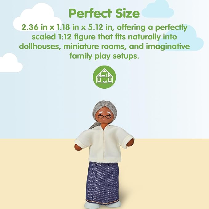 PlanToys® Grandmother Wooden Dollhouse Figurine | Poseable 1:12 Scale Mini Doll (5 Inch) | Dollhouse Accessories for Pretend Play | Eco-Friendly Montessori Toy for Kids Ages 3+