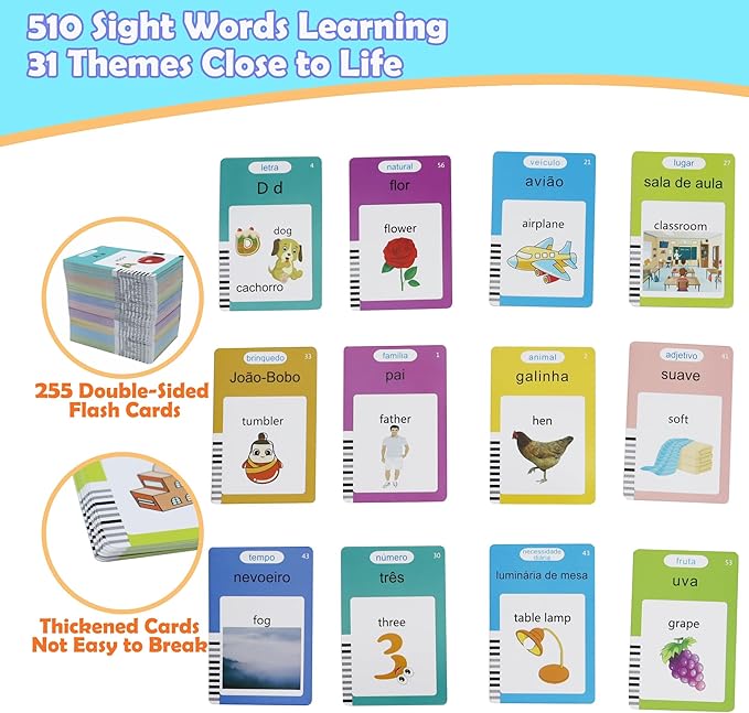 MAYAPHILOS 510 Sight Words Brazilian Portuguese and English Talking Flash Cards, Learn for Kids Language Learning Speech Therapy Toys for Toddlers