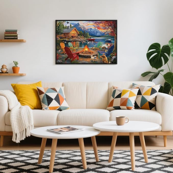 500 Piece Puzzles for Adults, Fall Landscape Jigsaw Puzzle with Letters on Back, Cardboard Puzzle with Lake, Mountain Cabin & Dogs, Challenging Puzzles for Game Nights, Home Decor,Birthday Party Gift