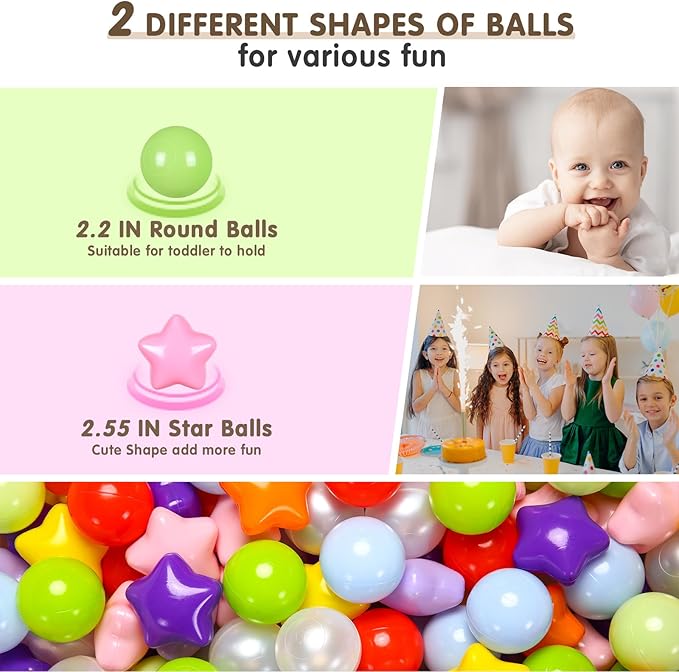 Realhaha Ball Pit Balls 50 100 200 500, Star Shapes for Babies Kids Playpen Plastic Balls for Babies Ball Pool Puppy Playballs