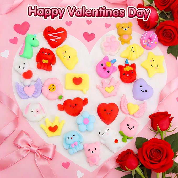 Valentines Day Gifts for Kids - 30 Pack Valentines Mochi Squishy Toys, Mini Kawaii Squishies Fidget Toys Prizes for Kids School Classroom Party Favors and Valentines Day Decor