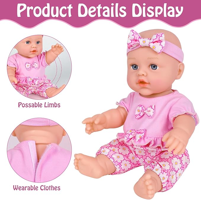UZIDBTO 12 Inch Baby Dolls with Backpack Carrier Can Store Doll Clothes and Accessories,12" Reborn Baby Doll Set in Gift Box with Feeding Bottle Nipple Diaper for Kids Toddler Age 3+