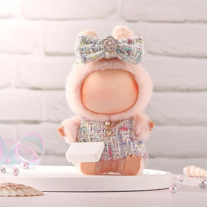 Doll Clothes for Labubu 17cm Have a Seat & Exciting Macaron & Big into Energy Series Dolls, Luxury Chic Series for 17cm Dolls Accessories (White Dress+Hairband+Bag)