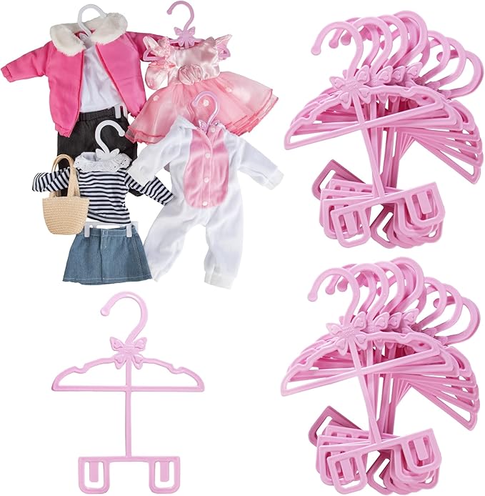 Dress Along Dolly Pink Full-Outfit Hanger 24pk for American 18" Doll Clothes- Hold Your Tops & Bottoms Together Including Dresses, Pants, Shirts, Skirts, & Accessories- Perfect Girl Gift Set