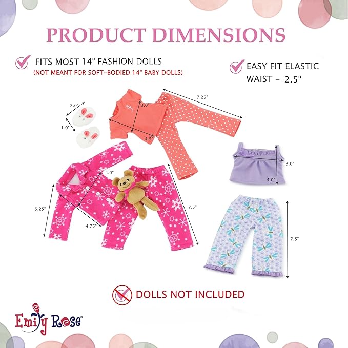 Emily Rose 14 & 14.5 Inch Doll 8-Piece Pajama Bundle | Seasonal PJs Gift Set with Teddy Bear and Bunny Slippers | USA Brand 14” Doll Pajamas | Fits Wellie Wishers Glitter Girls Hearts for Hearts Dolls