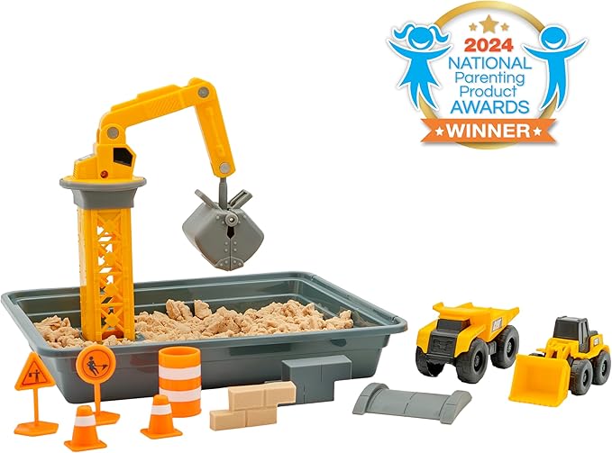 CAT Dig N’ Build Dirt Playset – 12 oz Moldable Dirt Compound, Working Crane, 2 Little Machines Vehicles, Construction Molds & Easy-Cleanup Tray, Sensory STEM Toy for Kids Ages 3 +