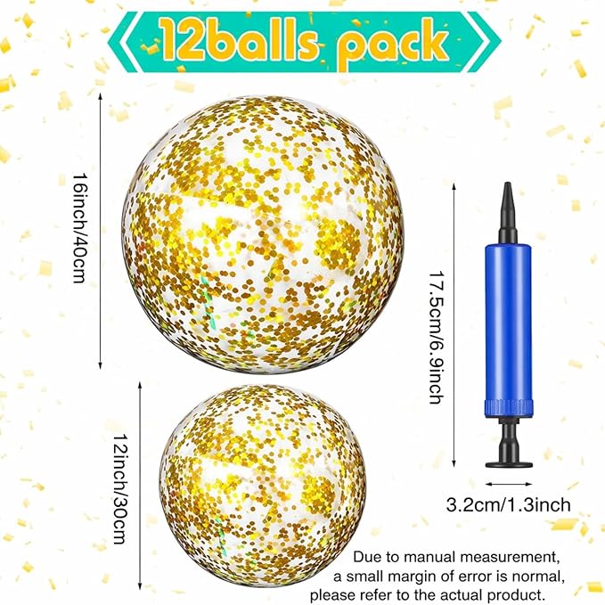 Lewtemi 12 Pcs Inflatable Glitter Beach Balls 16 Inch 24 Inch Shiny Giant Confetti Balls Swimming Pool Beach Blow up Balloon for Outdoor Summer Party Wedding Decor(Gold)
