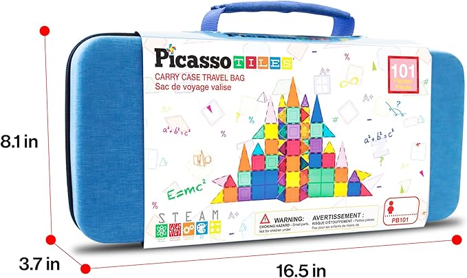 PicassoTiles 101 PCs Magnetic Tiles Building Block with Storage Case Included Bold Colors Travel Carry Case Construction Set for Boys & Girls Great Gift Preschool Kindergarten Montessori Playing Toys