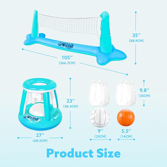 JOYIN Inflatable Pool Float Set Volleyball Net & Basketball Hoops, Floating Swimming Game Toy for Kids and Adults, Summer Floaties, Volleyball Court (105”x28”x35”)|Basketball (27”x23”x27”),L-Blue