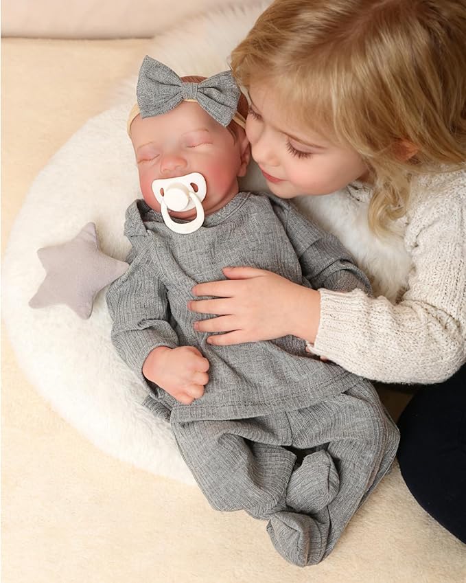 FOCKOF Realistic Reborn Baby Dolls Girl 17-Inch Soft Vinyl Lifelike Real Life Baby Dolls Babe Reborn Accessories for 3+ Years Old (Gray)