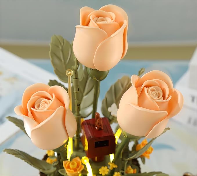 Electric Flower Bouquet Building Set with Remote Control Spray-Bottle, 255 PCS,Original Music (Type :Symphony) Motorized Roses Flowers STEM Construction Kit, Automatic Blooming Bouquet