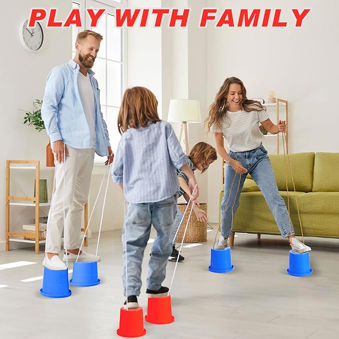 Meooeck 2 Pairs Walking Stilts Balancing Bucket Cup Thickened Plastic Stilts with Adjustable Rope for Kid Balance Coordination Birthday Playground Game Party Favor