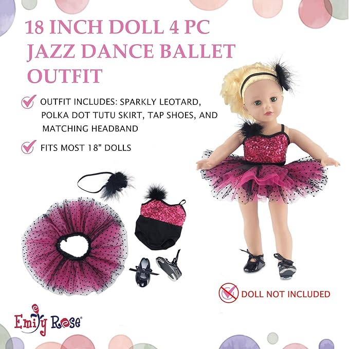 Emily Rose 18 Inch Doll Ballet Clothes Set - 4 PC Pink Ballerina Outfit Leotard, Tutu, Headband & Tap Shoes Set | Dance Recital Costume | Doll Not Included | American Girl Compatible