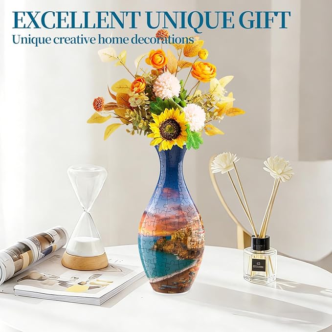 3D Puzzles Vase for Adults, Crafts for Adults, 160 Pieces Plastic DIY Unique Flower Vase with LED Light House Warming Gift Birthday Gifts for Flower Arrangements and Home Decor (Sea and House)