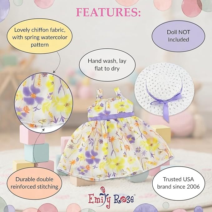 Emily Rose 18 Inch Doll Easter Spring Dress with Hat Chiffon Floral Sundress Outfit – Summer Dress & Matching Hat – Doll NOT Included – Fits American Girl Our Generation