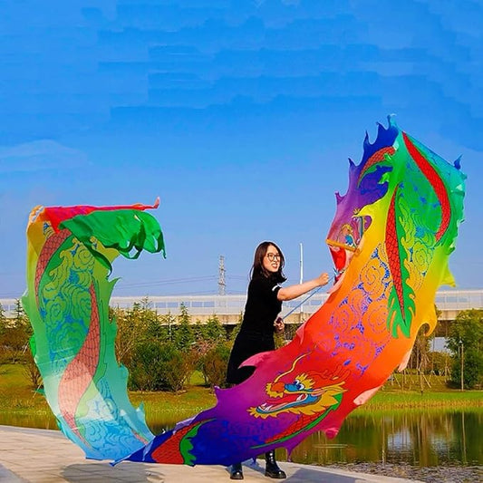 19.6 FT(6 Meters) Rainbow Ribbon Dragon Dance Poi, Outdoor Flinging Fitness Dragon Flowy Toy Silk-Like Dragon Ribbon Streamer Set (Random Dragon Pattern)