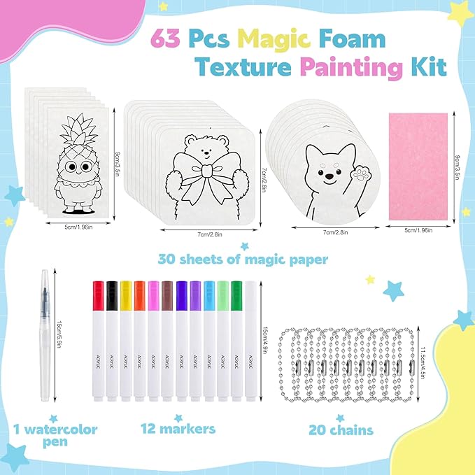Prudiut Magic Foam Texture Painting Kit with 63 Pcs: 3D Puffy Paint Art Supplies for DIY Crafts, Creative Gifts (30 Foam Textured Paper, 12 Color Markers, 1Waterpen, 20 Chains)