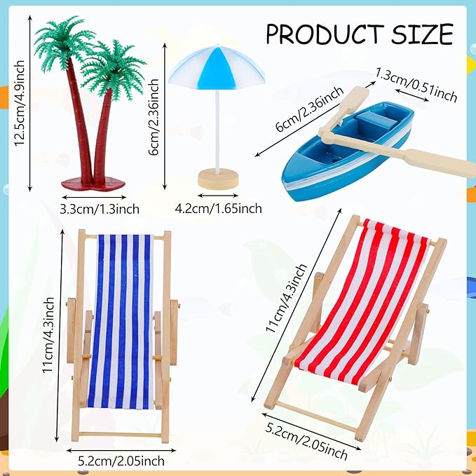 Minatee 25 Pcs Beach Miniature Dollhouse Decoration, Umbrella Palm Chair Miniature Toys Garden Dollhouse Outdoor Accessories Beach Decorations for DIY Garden Plant Pool(Red, Blue)