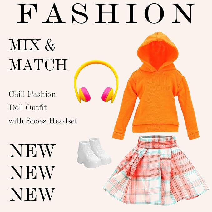 18 Pcs Doll Clothes & Accessories for 11.5 Inch Girl Dolls Include 6 Chill Outfit Hooded Sweater, Dress, Skirt, Sport Wear, Jumpsuit, 6 Shoes, 1 Backpack, 5 Accessories for Dolls Casual Wear