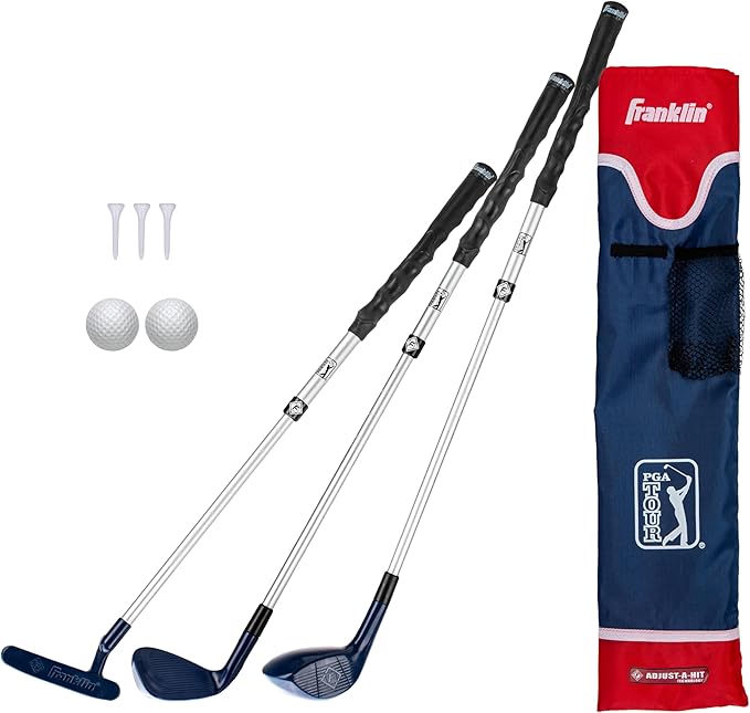 Franklin Sports PGA Tour Kids' Plastic Golf Clubs Set - Youth Toy Plastic Clubs + Bag - Kids' Golf Set with Bag + Balls - Adjustable Length for Boys + Girls - Red + Blue