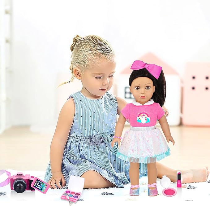 American 18 Inch Doll Clothes and Makeup Accessories Set - Includes Top and Skirt, Bag,Camera,Cell Phone,Eye Shadow,Blush,Bracelet,Lipstick,Bow Hair Clips (NO Doll)