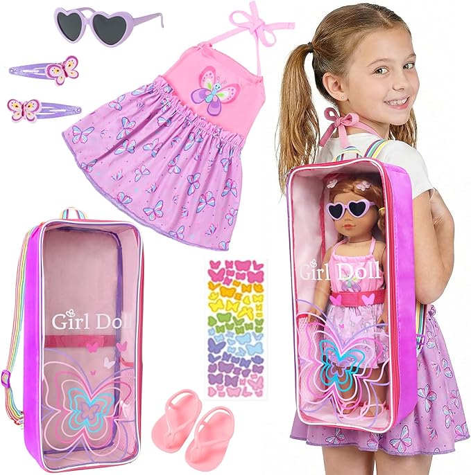 Ecore Fun 18 Inch Doll Carrier Backpack, 7Pcs Travel Doll Clear Display Storge Bag with Doll Clothe and Accessories for Take Doll Out, Girl Birthday Gift