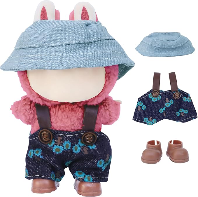 17cm Doll Clothes Sets(No Doll) Flower Jeans Outfits Handcrafted Designer Clothes Including Hat Overall and Shoes