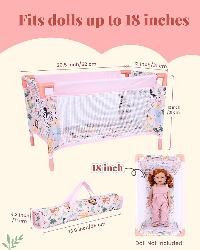 BABESIDE Baby Doll Crib for 18'' Dolls,7 Piece Baby Doll Bed with Storage Bag and Bedding Accessories, Toy Crib Doll Furniture,Reborn Baby Doll Accessories for Kids Age 3+