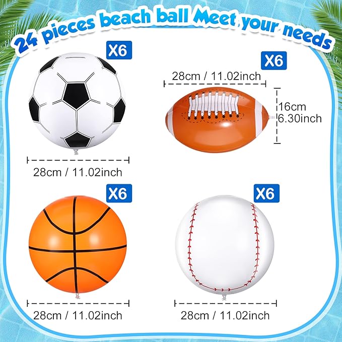 Sosation 24 Pcs Inflatable Sports Balls 16 Inch Inflatable Beach Ball Blow up Sports Party Decorations Swimming Pool Summer Pool Toys for Indoor Outdoor Beach (Assorted Ball)