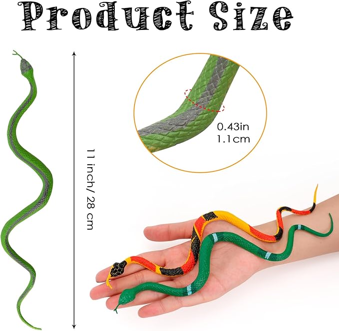 12 Pcs Colorful Realistic Snakes Rubber Mini Plastic Snakes Prank Snake for Party, Tricking People, Garden Props Decorations, 11in