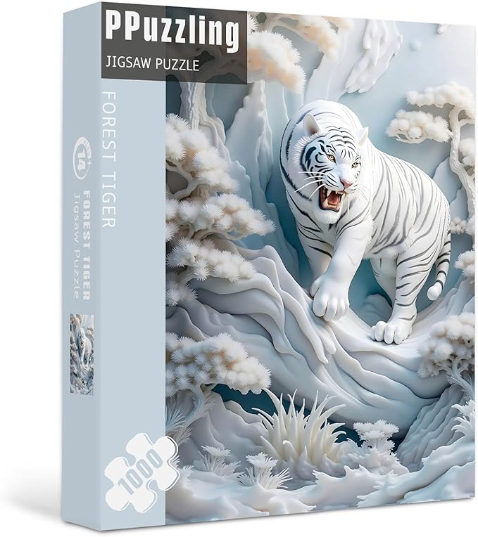 White Tiger Puzzles 1000 Pieces for Adults, Nature Forest Wild Animals Jigsaw Puzzles, Snowy Tiger Paper Cut Puzzle as Home Wall Art