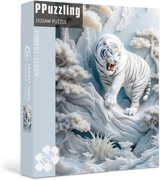 White Tiger Puzzles 1000 Pieces for Adults, Nature Forest Wild Animals Jigsaw Puzzles, Snowy Tiger Paper Cut Puzzle as Home Wall Art