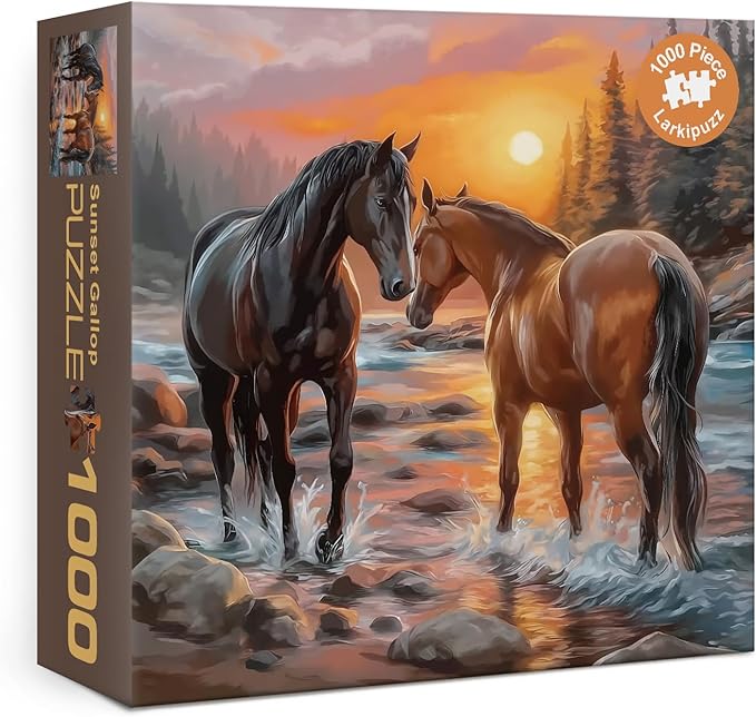 Art Sunset Horse Puzzles for Adults 1000 Pieces, Aesthetic Colorful Animal Landscape Jigsaw Puzzles, Hard Challenging Forest River Mustang Painting Puzzle