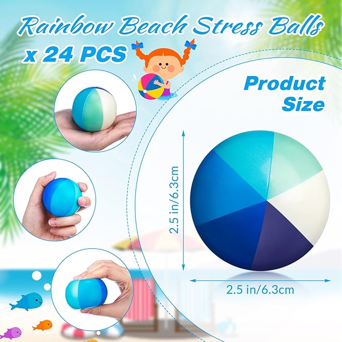 Jerify 24 Pcs Mini Beach Stress Balls 2.5 Inch Foam PU Relief Stress Ball Mini Rainbow Blow up Beach Balls Toys for Girls Boys Birthday Beach Hawaiian Party Favors Summer Pool Games (Elegant Color)