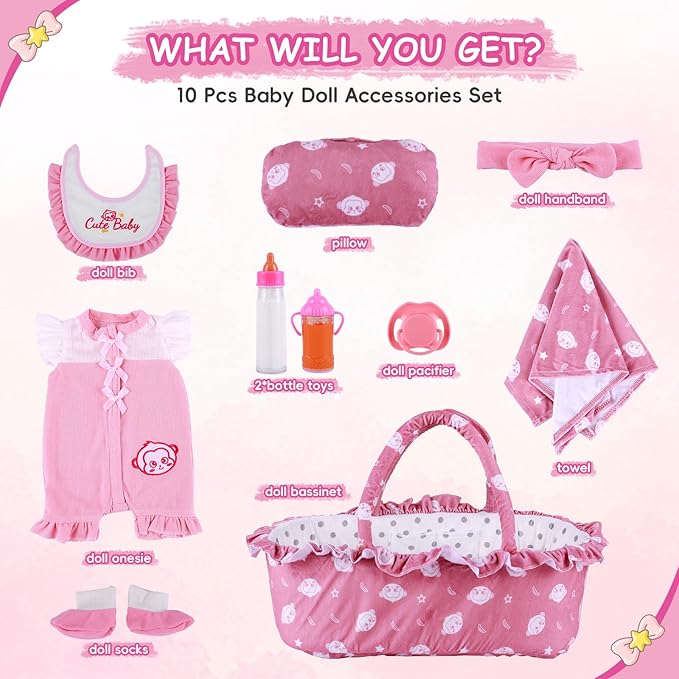 BABESIDE 10 Pcs Reborn Baby Doll Clothes and Accessories Set with Bassinet for 17-22 Inch Dolls, Baby Doll Accessories with Bottles Pacifier for Newborn Dolls Girls, Pink & Bean Paste Color