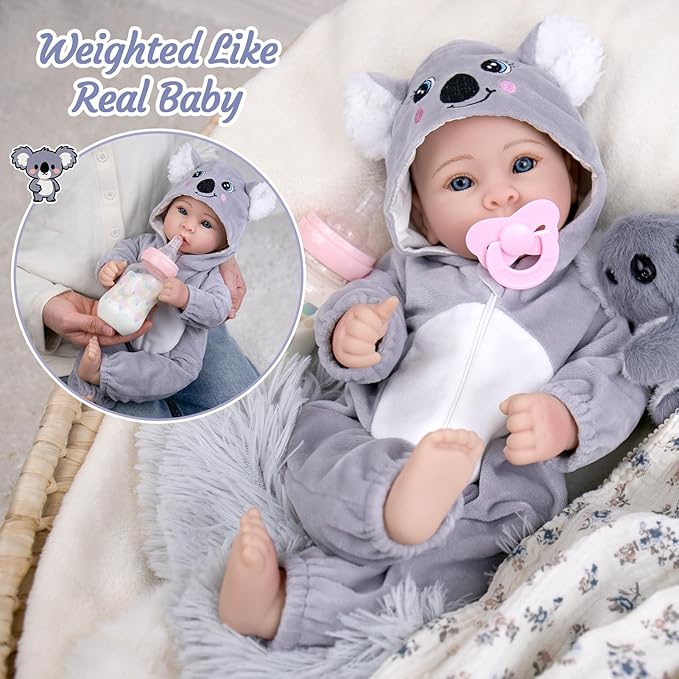 Aori 17 Inch Lifelike Baby Dolls Realistic Doll with Real Life Lightweight Soft Body & Grey Outfits, for Girls 3+ Role Play, Adoption Day, Photography Prop, Collectible