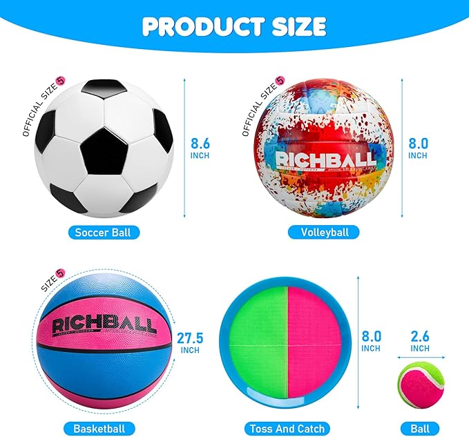 Richball 4-in-1 Outdoor Sports Ball Set for Kids – Soccer, Basketball, Volleyball and Toss & Catch Paddle Ball Game – All-in-One Gift Stocking Stuffers for Kids Boys & Girls Ages 3+
