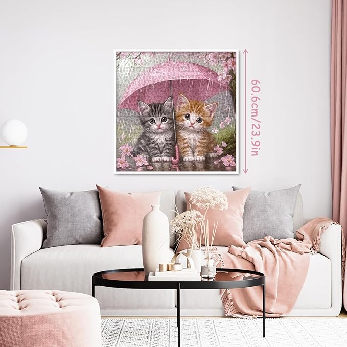 Cat Flower Puzzle for Adults 1000 Pieces, Cute Floral Jigsaw Puzzle,Cherry Blossom Kitten Rain Puzzle