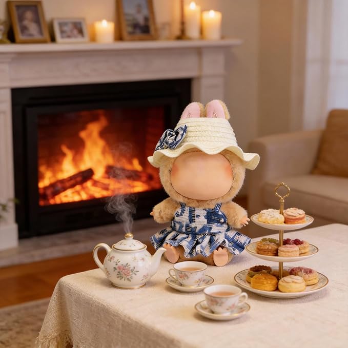 Doll Clothes for 17cm Dolls, Premium Handmade Fashion Clothes 3 Piece Set Including a Weaving Hat, Clothes and Bow with High-End Dolls Accessories for Play & Display - Pure Blue (No Doll No Logo)
