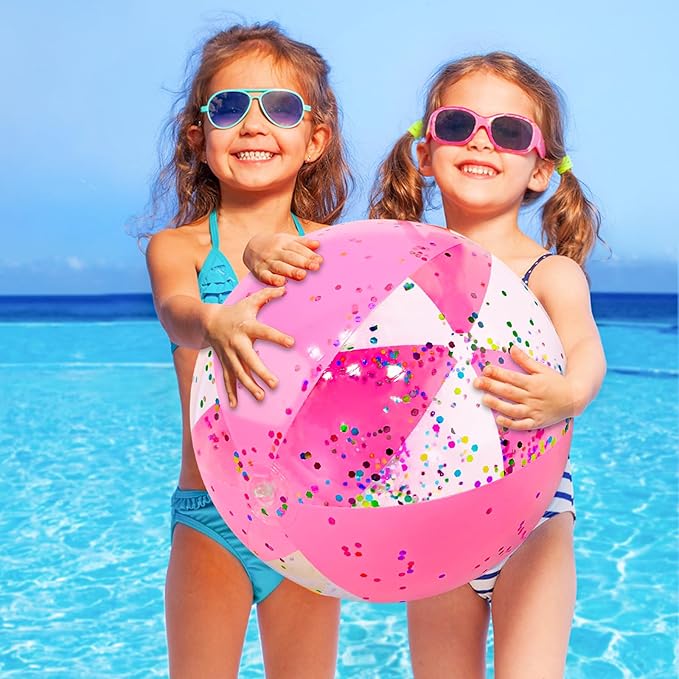 TURNMEON 5 Pcs Glitter Beach Balls, Jumbo 24 Inch & 16 Inch Sequins Pink Inflatable Beach Balls for Kids Toddlers Adults Summer Pool Balls Beach Toys Outdoor Pool Party Favors