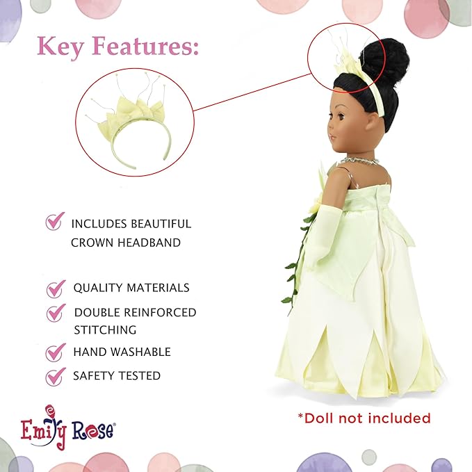 Emily Rose 18 Inch Doll Clothes 5-PC Princess Gown Halloween Costume Dress and Accessories Set with Crown, Necklace, Gloves and Matching Shoes | Doll NOT Included | USA Business