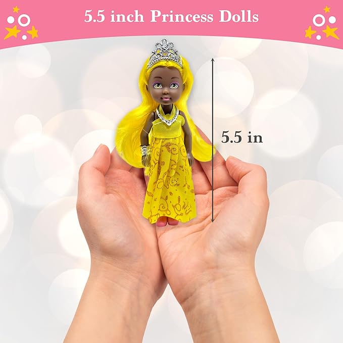 Little Dolls Set with Mini Princess Dolls for Girls – Princess Toy Dolls for Dollhouse –Small Doll Mini Princess Figures with Tiaras, Hair Accessories