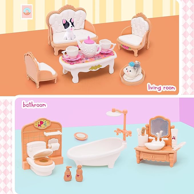 HAPGFS Doll House Mini Furniture 45 Pcs Dollhouse Furniture Set Accessories Pretend Play Bedroom Living Room Bathroom Kitchen for Kids Birthday and Christmas Mixed Color