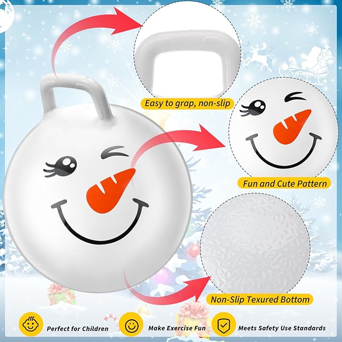 Sratte 6pcs 18 Inch Bouncy Hopper Ball with Handle Snowman Face White Christmas Bouncing Balls Hopping Toys Inflatable Jumping Toy for Sport Boys Girls Gifts Winter Party Favors